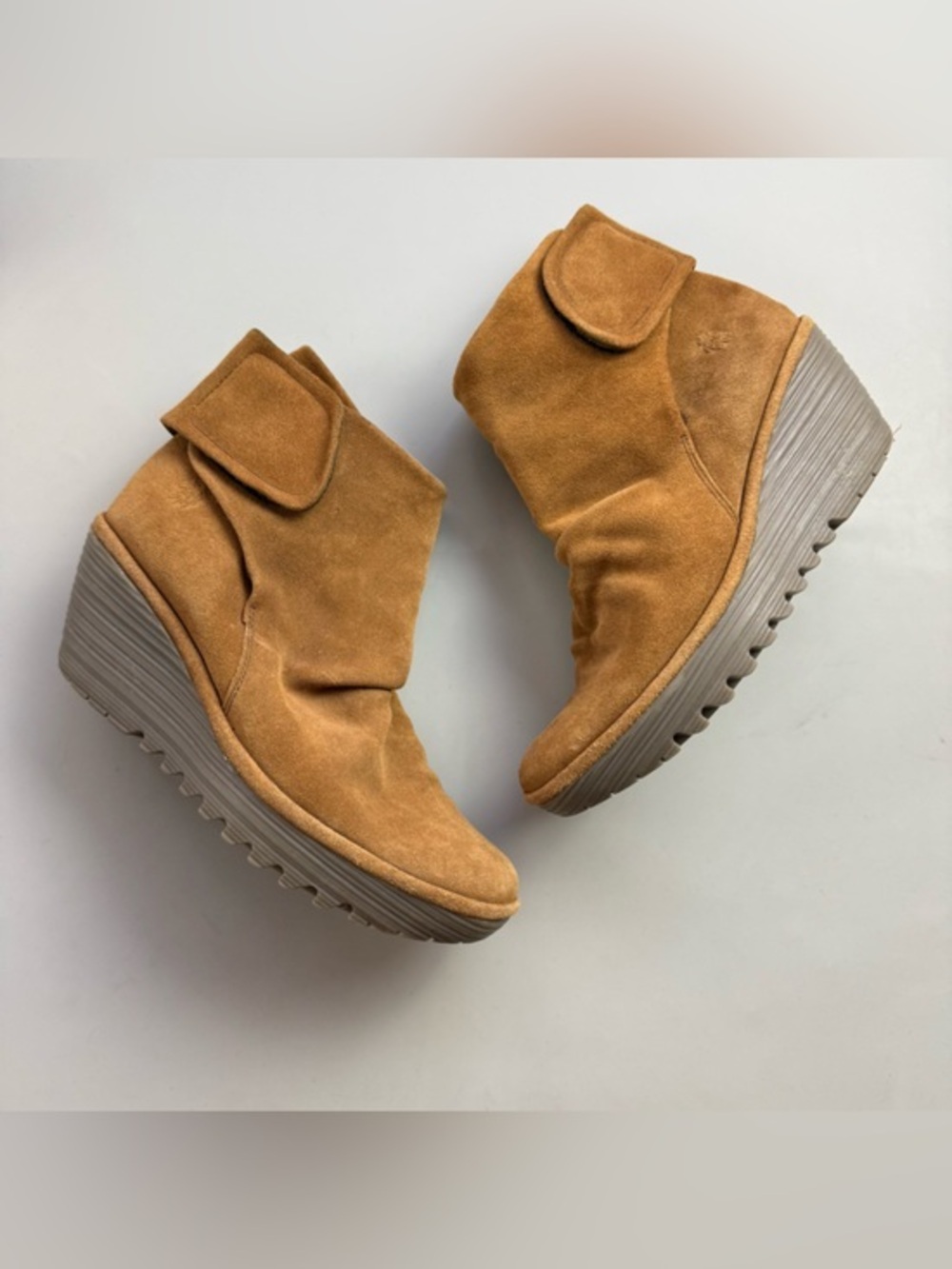 FLY London YOX Camel Suede Wedge Ankle Boots EU 39 US 8 Platform Booties